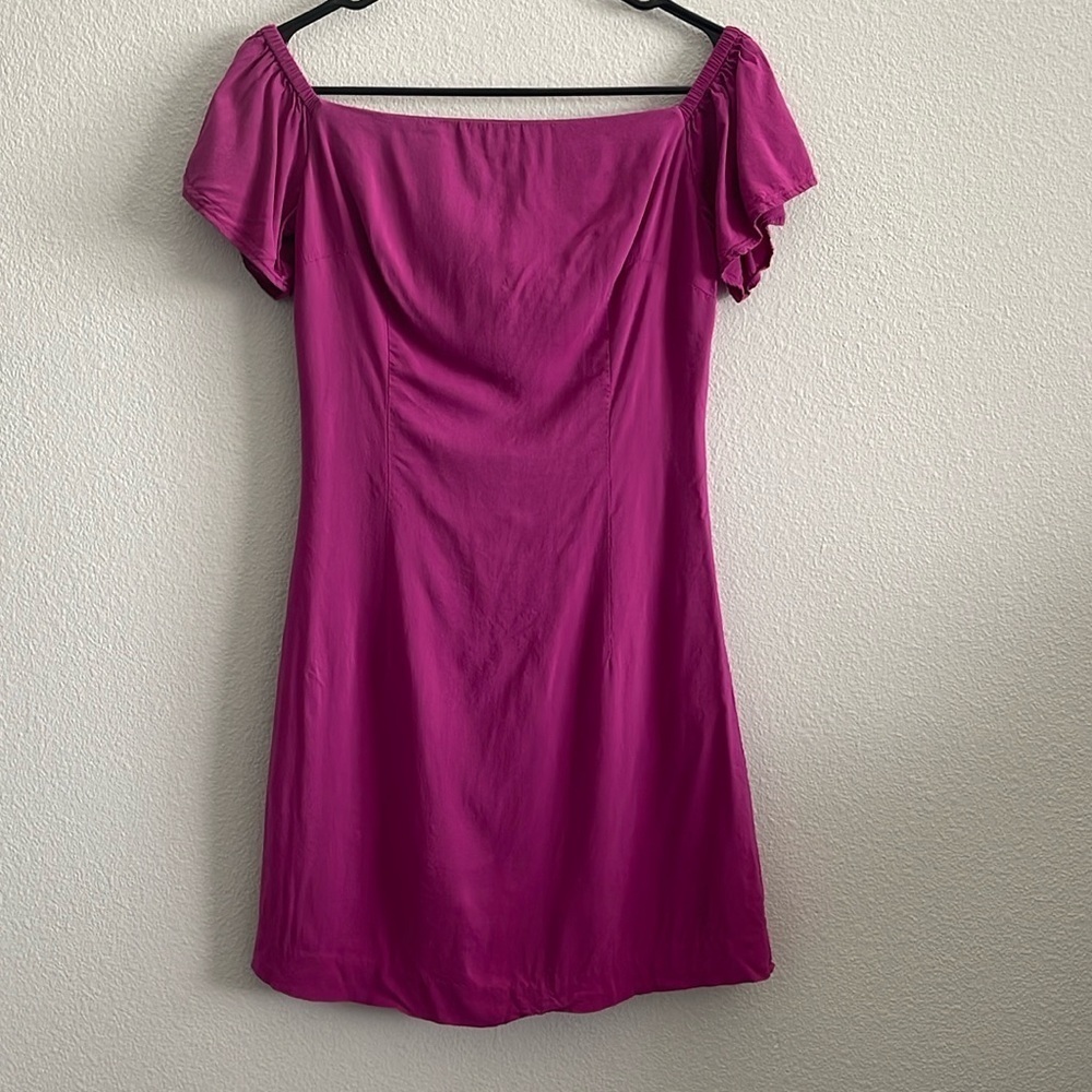 Bebe Womens Fuchsia Satin Short Sleeve Off The Shoulder Mini Dress Size 2